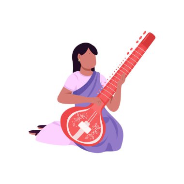 Hint müzisyen sitar düz renk vektörü yüzsüz karakter oynuyor. Geleneksel müzik aleti. Sari elbiseli kadın web grafik tasarımı ve animasyonu için izole edilmiş karikatür çizimi