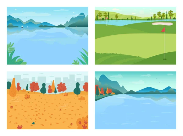 Seasonal Landscape Flat Color Vector Illustration Set Lake Watersport Golf — Vetor de Stock