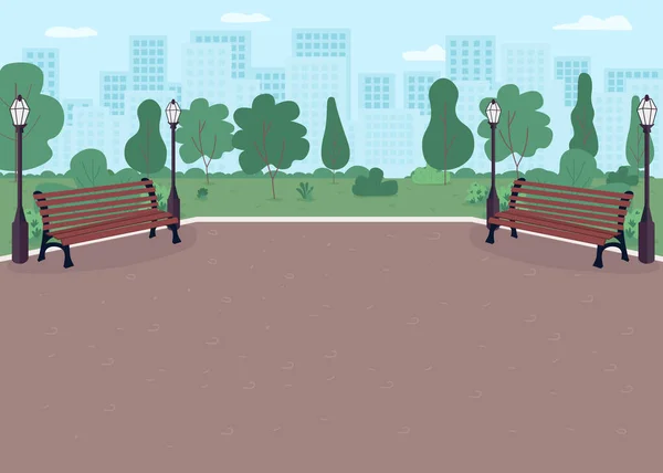 Park Plaza Flat Color Vector Illustration Parkway Benches Place Recreation — Vetor de Stock