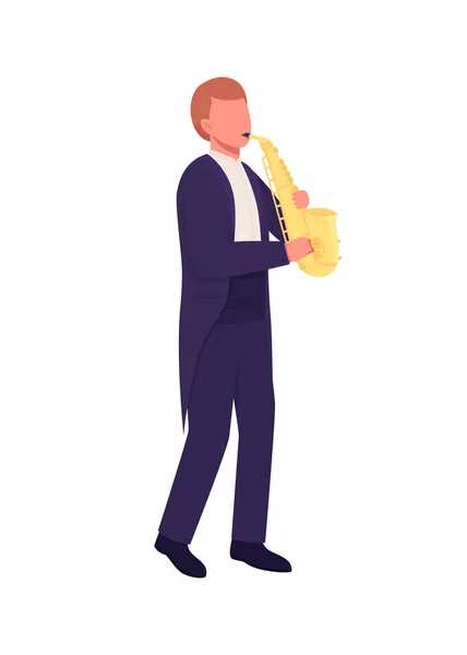 Caucasian Saxophonist Flat Color Vector Faceless Character Man Play Musical — Stock Vector