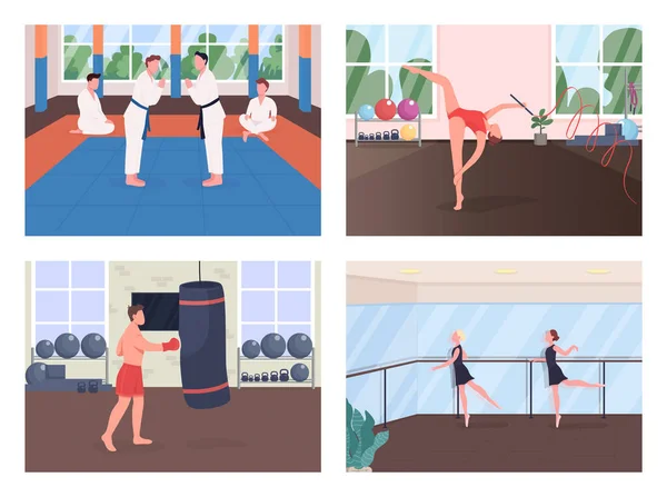 Fitnesstraining Flachfarbvektorillustration Set Kampfsportübungen Turnerin Beim Proben Ballettstunde Sportsman Comicfiguren — Stockvektor