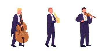 Müzik aletleri olan orkestra müzisyenleri düz renk vektör yüzsüz karakter seti. Klasik müzik performansı web grafik tasarımı ve animasyon koleksiyonu için izole edilmiş çizgi film çizimi
