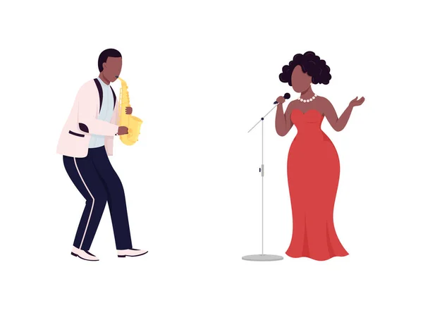 アフリカのジャズバンドフラットカラーベクトル顔のない文字セット サクソフォン奏者 女性歌手 ブルースライブパフォーマンスウェブグラフィックデザインとアニメーションコレクションのための孤立した漫画イラスト — ストックベクタ