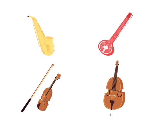 古典音乐乐器平面彩色矢量对象集 萨克斯风小提琴音乐会用于网页平面设计和动画集合的传统音乐隔离漫画 — 图库矢量图片