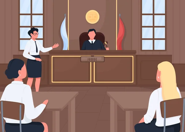 Hukuk Mahkemesindeki Avukat Düz Renk Vektör Çizimi Yargılama Prosedürü Dava — Stok Vektör