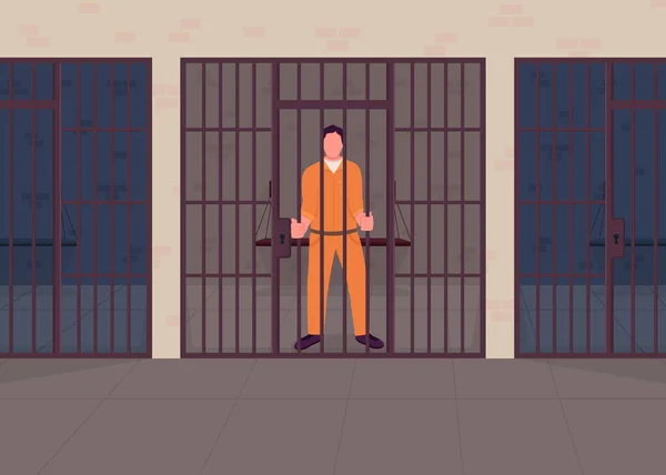 Bűnöző Börtönben Lapos Színű Vektor Illusztráció Letartóztatott Elítélt Rács Mögött — Stock Vector