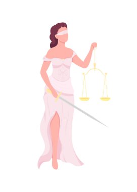 Adalet Tanrıçası düz renk vektörü yüzsüz karakter. Gözleri bağlı bir kadın. Pulları olan kör bir kadın. Mahkeme hukuku ve adalet. Femida, web grafik tasarımı ve animasyonu için karikatür çizimini izole etti
