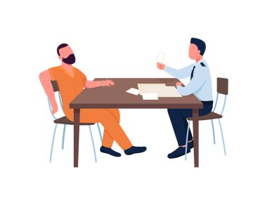 Dedektif düz renk vektörlü yüzsüz karakterleri sorguluyor. Subayla mahkum. Deliller masanın üstünde. Suç soruşturması web grafik tasarımı ve animasyonu için karikatür illüstrasyonunu izole etti