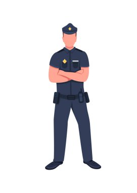 Polis memuru düz renk vektör yüzsüz karakter. Yasal yaptırım. Güvenlik görevlisi. Üniformalı polis, web grafik tasarımı ve animasyonu için izole çizgi film çizimleri yaptı.