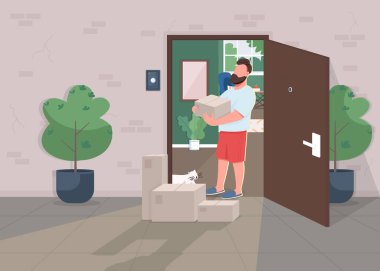 Düz renk çizimi sırasında kontak kurulamadı. Paketlerin dağıtımı. Kapıya yakın bir yerde. Arkaplanda ev içi olan 2D karikatür karakteri