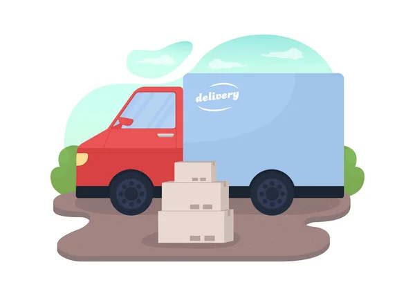 配達トラックとパッケージボックス2Dベクトルウェブバナー ポスター ヴァンの近くの小包のスタック 漫画の背景に出荷フラットイラスト 配送サービス印刷可能なパッチ カラフルなウェブ要素 — ストックベクタ