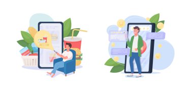 Çevrimiçi dağıtım hizmeti düz konsept vektör illüstrasyon seti. Akıllı telefon uygulaması. Market siparişi. Fast food servisi. Web tasarımı için müşteri 2D çizgi film karakterleri. İyi geri bildirim yaratıcı fikir koleksiyonu