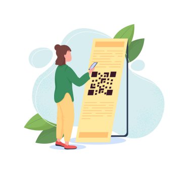 QR kodu düz konsept vektör çizimi tarıyor. Kimlik tarayıcı. Online okuyucu. İnternet bilgi erişimi. Web tasarımı için 2D kadın çizgi film karakteri. Yenilikçi teknoloji yaratıcı fikir