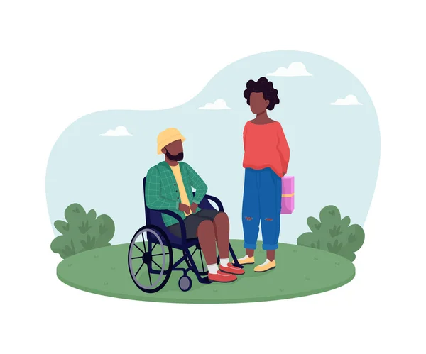 Femme donner un cadeau à l'homme handicapé bannière web vectorielle 2D, affiche — Image vectorielle