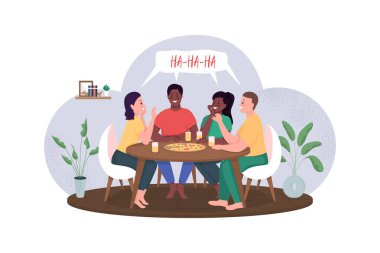 Pizzanın düz renk vektörü üzerinde toplanan arkadaşlar ayrıntılı karakterler