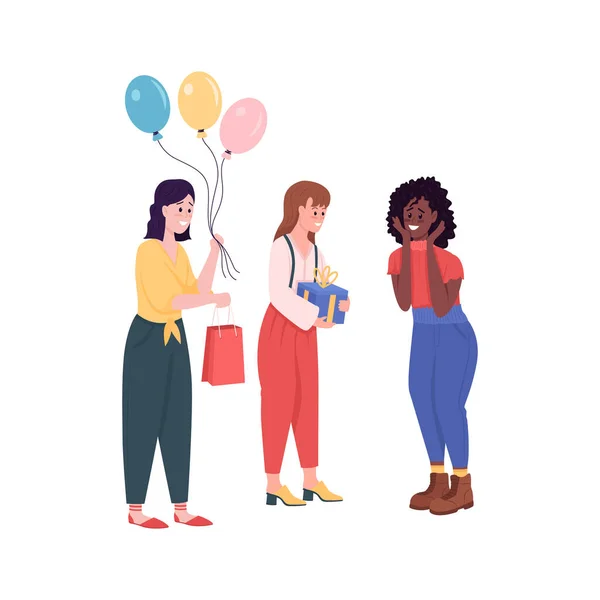 Donna amici sulla festa di compleanno piatta colore vettore carattere dettagliato — Vettoriale Stock