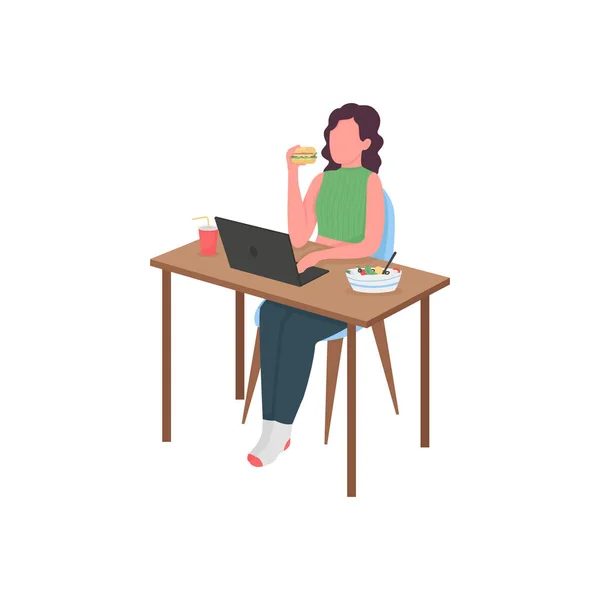 Woman eating at computer desk flat color vector faceless character — Stock Vector