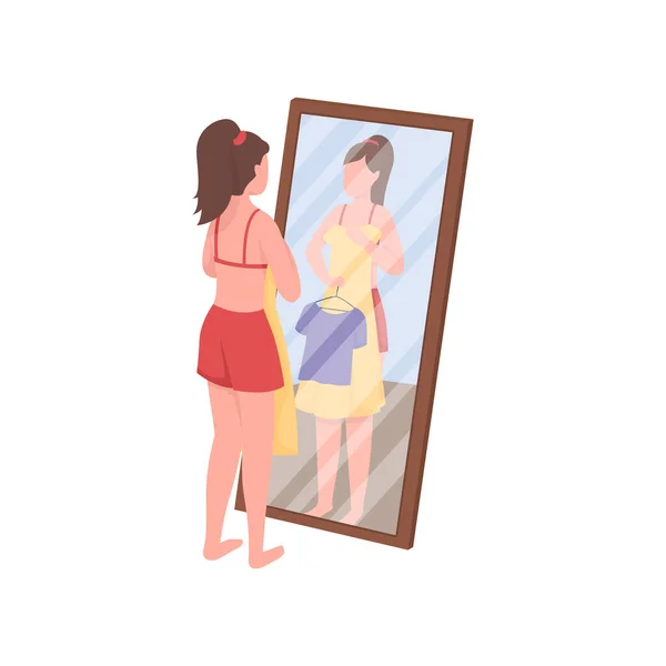 Mujer recogiendo ropa cerca de espejo de color plano vector sin rostro carácter — Vector de stock