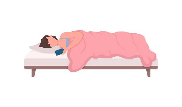 Chica con teléfono inteligente en la cama plana vector de color sin rostro carácter — Vector de stock