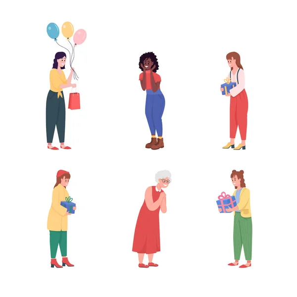 Feliz cumpleaños femenino vector de color plano conjunto de caracteres detallados — Archivo Imágenes Vectoriales