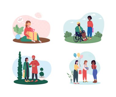 Sürpriz hediyeler vermek 2B vektör web pankartı, poster seti