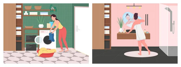 Rutina diaria en cuarto de baño plana vector de color conjunto de ilustración — Vector de stock