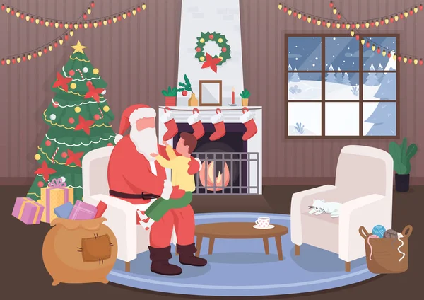 Papai Noel cumprimentar criança plana cor vetor ilustração — Vetor de Stock
