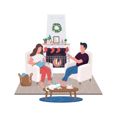 Evdeki şöminedeki çift düz renk vektörü yüzsüz karakterler