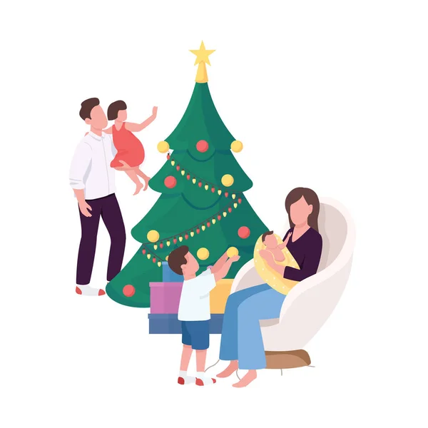 Οικογένεια κοντά χριστουγεννιάτικο δέντρο στο σπίτι επίπεδη χρώμα διάνυσμα απρόσωπα χαρακτήρες — Διανυσματικό Αρχείο