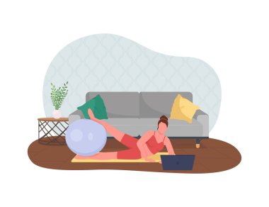 Kadın 2 boyutlu vektör web pankartı ve poster üzerinde çalışırken yoga yapıyor