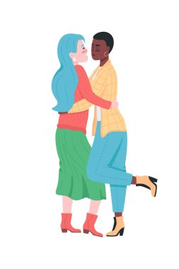 Mutlu lezbiyen çift düz renk vektörü ayrıntılı karakterler. Gülümseyen sarılan kadınlar. Kız arkadaş sevgisini ifade eder. Web grafik tasarımı ve animasyonu için Sevgililer Günü karikatür çizimi