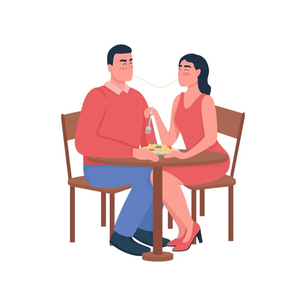 Mężczyzna Kobieta Jedzący Spaghetti Płaskim Kolorze Wektor Szczegółowe Postacie Romantyczna — Wektor stockowy
