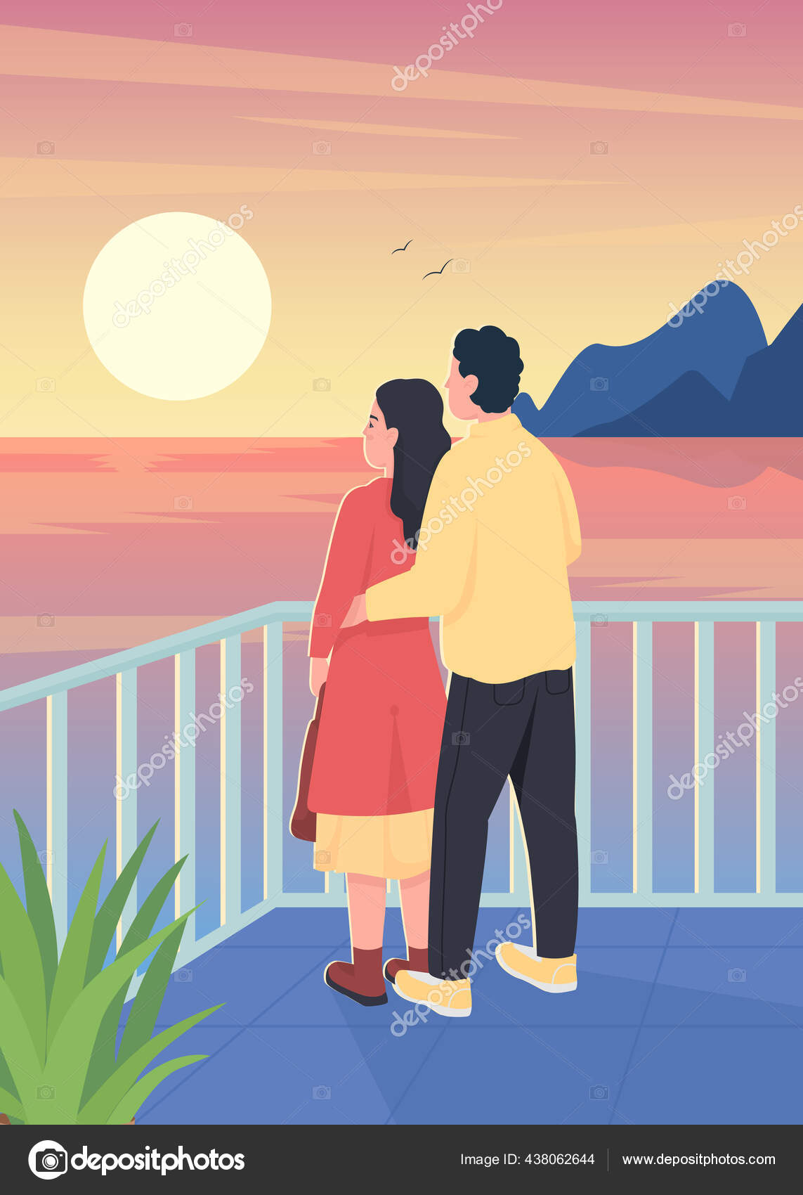 Pasangan Menonton Romantis Sunset Datar Warna Vektor Ilustrasi Pria Memeluk Stok Vektor Ntlstudio 438062644