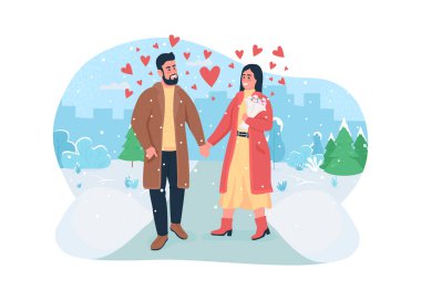 Sevgililer Günü kutlaması 2D vektör afişi, poster. Kış parkında karla yürümek. Mutlu sevgili, karikatür geçmişindeki düz karakterler. Tarihlenebilir yazdırılabilir yama, renkli web ögesi