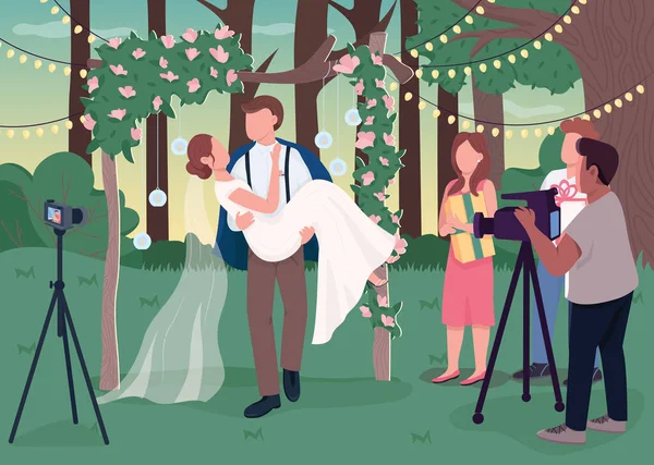 Cerimônia Casamento Gravando Ilustração Vetorial Cor Plana Cerimônia Rústica Rural — Vetor de Stock