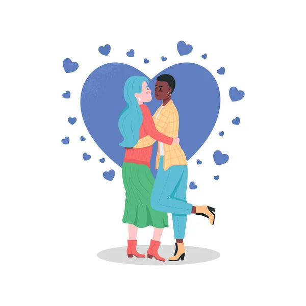 快乐的女同性恋夫妇扁平的颜色矢量详细的字符 女人拥抱 恋爱中的同性恋伴侣情人节庆祝活动为网页平面设计和动画制作制作孤立的卡通画 — 图库矢量图片