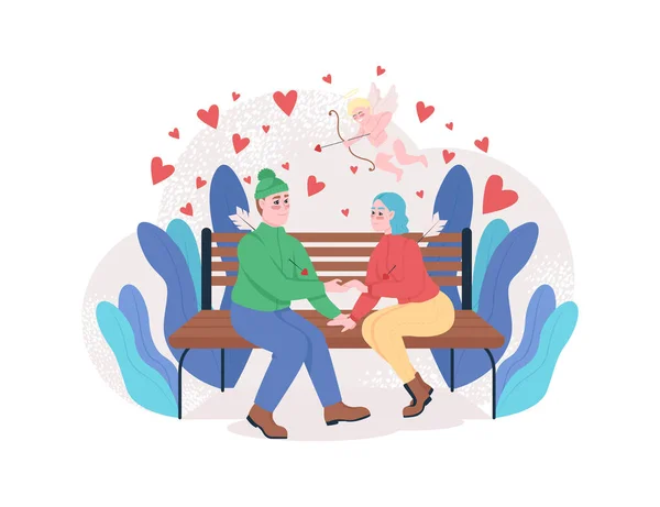 男の子と女の子の愛の2DベクトルのWebバナー ポスターに該当する 漫画の背景に手をフラット文字を保持カップル 弓でキューピッド バレンタインデー祝福印刷可能なパッチ カラフルなウェブ要素 — ストックベクタ