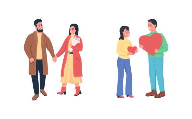 Aşık mutlu çiftler düz renk vektör detaylı karakter seti. Çıkmak ve flört etmek. Sevgililer Günü kutlaması web grafik tasarımı ve animasyon koleksiyonu için izole edilmiş karikatür çizimi