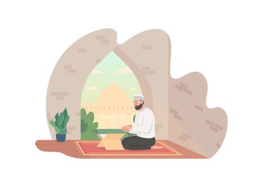 Quran 2D vektör web pankartıyla dua ediyorum, poster. Hindu geleneği. İbadet ve inanç. Çizgi film arka planında Kur 'an okuyan adam. Müslüman dini basılabilir yama, renkli web ögesi