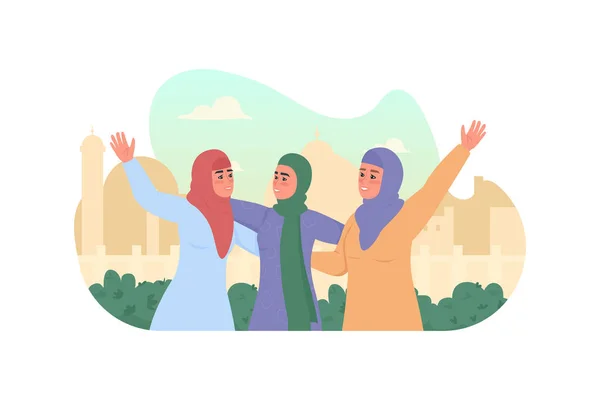 Glada Arabiska Flickor Hijabs Vektor Web Banner Affisch Religiöst Högtidsfirande — Stock vektor