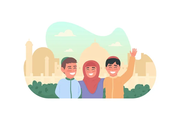 快乐的穆斯林儿童2D矢量网页横幅 斋月庆祝活动阿拉伯小孩在卡通片背景上把平庸的人物聚集在一起 印度文化可打印补丁 五彩斑斓的网络元素 — 图库矢量图片