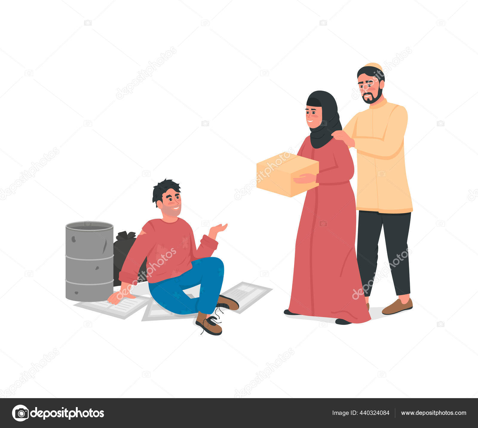 Árabe pareja ayuda hombre sin hogar plana vector de color sin rostro  carácter Vector de stock #440324084 de ©IMG visuals characters, image size:1600x1433