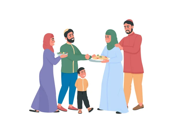 Glada arabien familjer utbyta mat platt färg vektor ansiktslösa tecken — Stock vektor