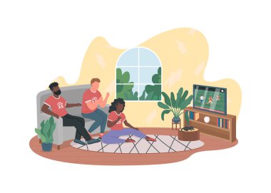 Futbol taraftarları TV 'de maç izliyorlar. 2D vektör web afişi, poster.