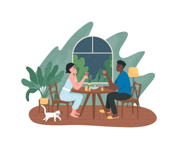 ( 영어 ) A couple on romantic dinner date at home 2D vector web banner, poster — 스톡 벡터