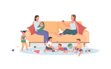 Çocuklu iki anne, düz renk vektörlü meçhul karakterlerde dinleniyor. Bebek oyuncaklarla oynuyor. Haftasonu rahatlama. Web grafik tasarımı ve animasyonu için izole edilmiş karikatür çizimi