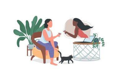 Düz renk vektörlü yüzsüz karakterlerle çevrimiçi görüşme. Görüntülü arayan kadınlar. Kızlar, web grafik tasarımı ve animasyonu için izole edilmiş çizgi film resimlerini birlikte içerler.