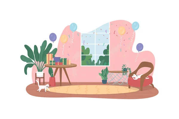 Festa Aniversário Casa Vetor Web Banner Cartaz Balões Confetes Sala —  Vetores de Stock