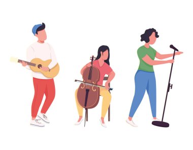 Müzik bandı performansı düz renk vektörü yüzsüz karakterler. Klasik enstrümanlı müzisyenler, mikrofonlu şarkıcı web grafik tasarımı ve animasyonu için karikatür çizimi