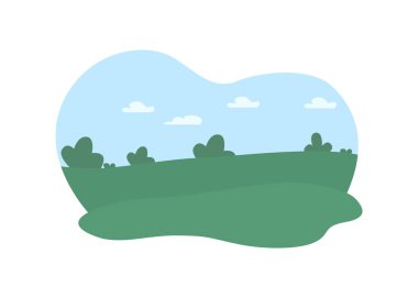 Açık hava 2D vektör web afişi, poster. Çizgi film arka planında gündüz manzarası. Cennet bahçesi gibi. Tepeler ve yeşil arazi. Bahar çimenliği yazdırılabilir yaması, renkli web ögesi